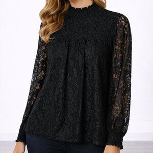 Cable & Gauge Black Lace Overlay High Neck Lined Blouse Elegant Long Sleeve – L